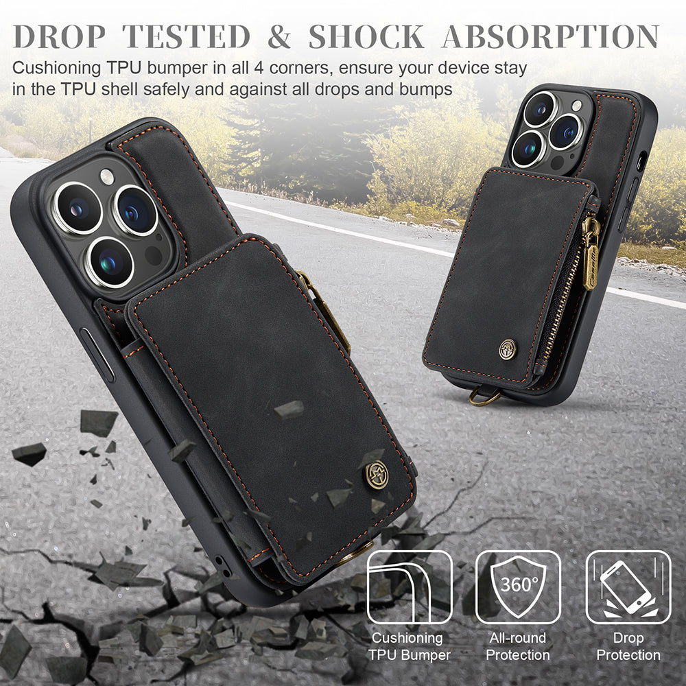 CASEME C20 Series for iPhone 13 Pro 6.1 inch RFID Blocking Zipper Pocket Wallet Case PU Leather Coated TPU Kickstand Protective Phone Cover with Strap CASEME C20 Series for iPhone 13 Pro 6.1 inch RFID Blocking Zipper Pocket Wallet Case PU Leather Coated TPU Kickstand Protective Phone Cover with Strap
